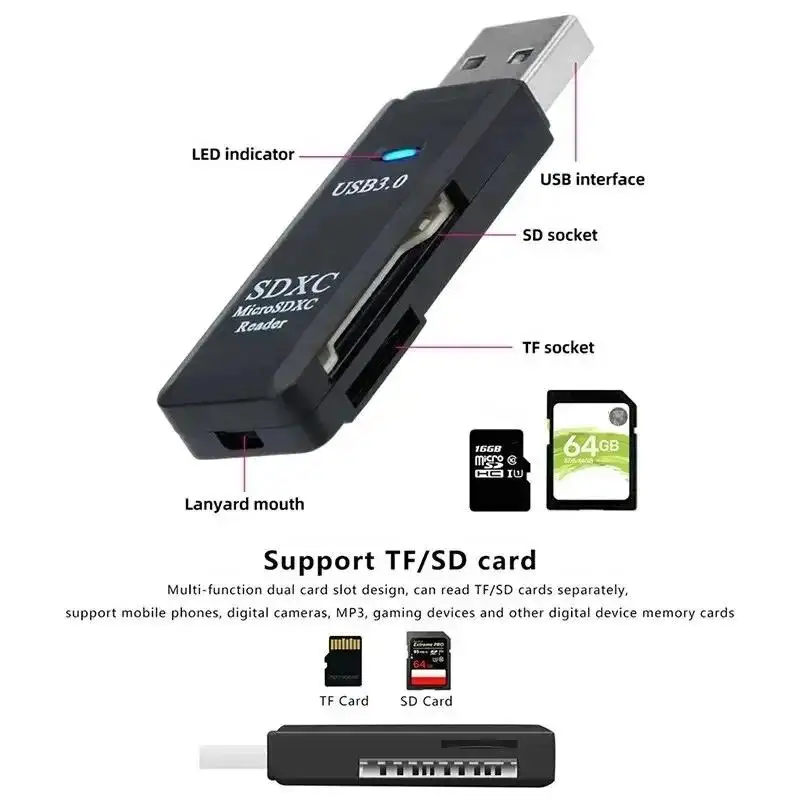 Lector de tarjetas USB 3,0 de alta velocidad 2 en 1, adaptador de tarjeta de memoria TF, diseño de unidad Flash USB portátil para PC, portátil, accesorios de oficina