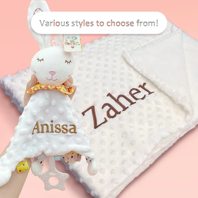 Manta Personalizada para Bebé Recién Nacido con Nombre, Juego de Envoltura para Cochecito con Puntos Minky, Toalla de Seguridad, Regalo para Bebé Niño