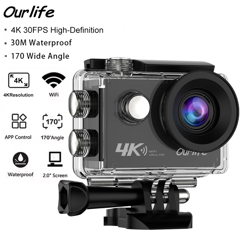 Cámara de acción Ourlife Q100 4K Ultra HD 16MP Wi-Fi 2,0 "pantalla 170D DVR Webcam subacuática 30M casco grabación de vídeo cámara deportiva