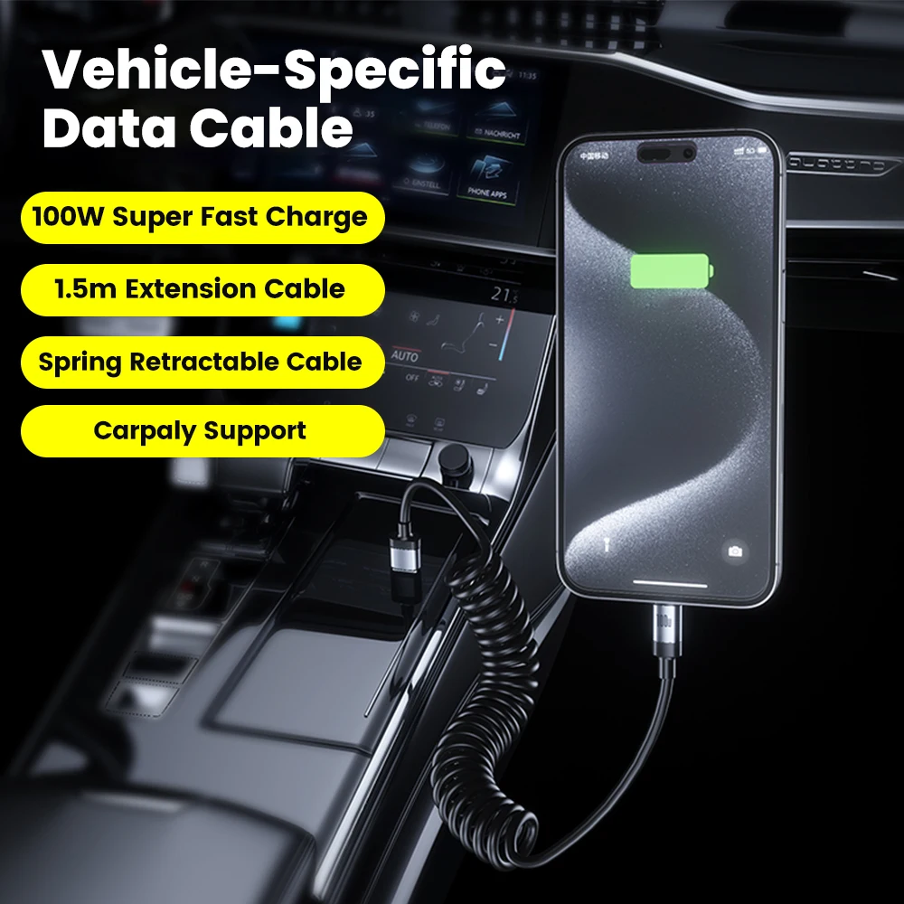 Cable de resorte USB tipo C a USB C de 100W 5A para iPhone 15 16 Pro Max Samsung Xiaomi Cable de cargador de coche 27W tipo C a Cable Lightning