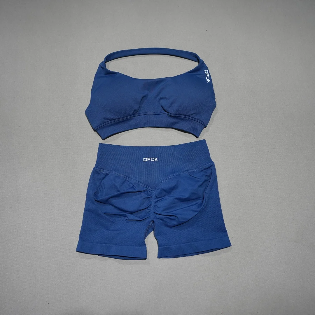 DFDK Conjunto deportivo de 2 piezas para mujer, sujetador deportivo con cordones, pantalones cortos sin costuras, leggings, yoga, gimnasio, fitness, correr, chándal