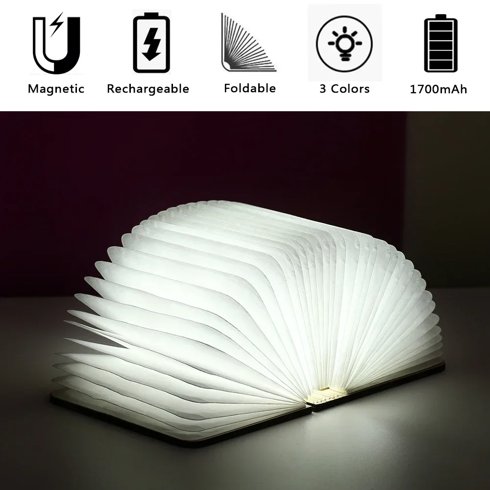 Luz LED nocturna de libro plegable de madera 3D, 3/5 colores de iluminación, 5V, recargable por USB, lámpara de mesa de escritorio magnética, decoración de cabecera de dormitorio