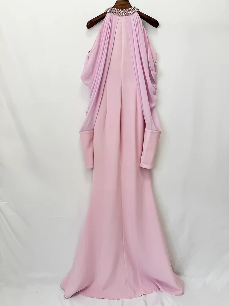Vestido Largo de Fiesta para Mujer, Diseño 2026, Cuello Alto, Adornado con Cuentas y Diamantes, Chifón, Hombros Descubiertos, Mangas Largas, Alta Calidad
