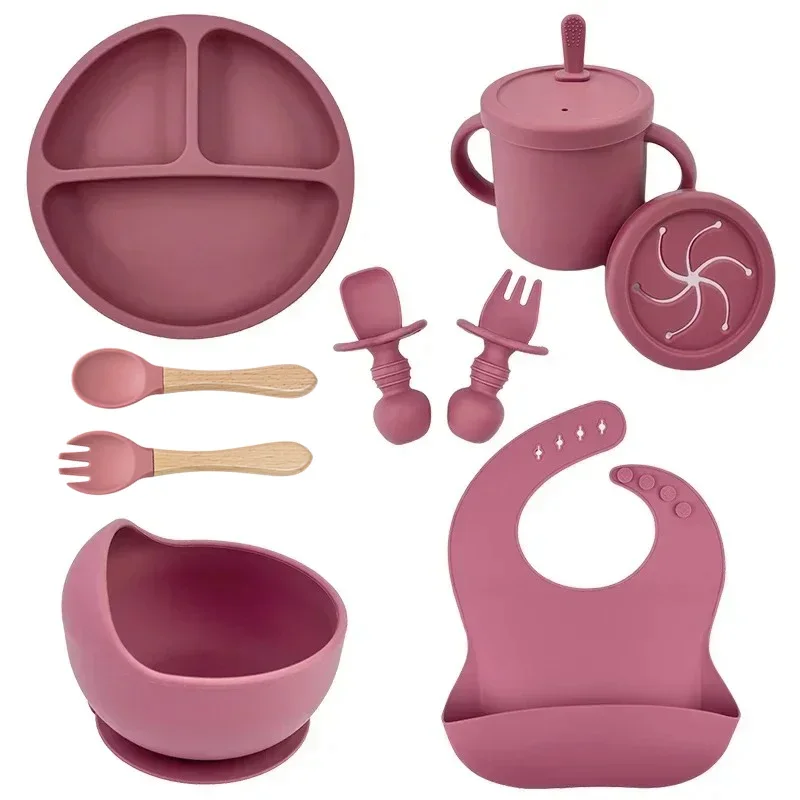 Juego de platos de silicona de grado alimenticio para niños, tazón de alimentación de bebé, plato de succión, taza de paja, cuchara de madera, tenedor, vajilla para niños, platos para niños pequeños