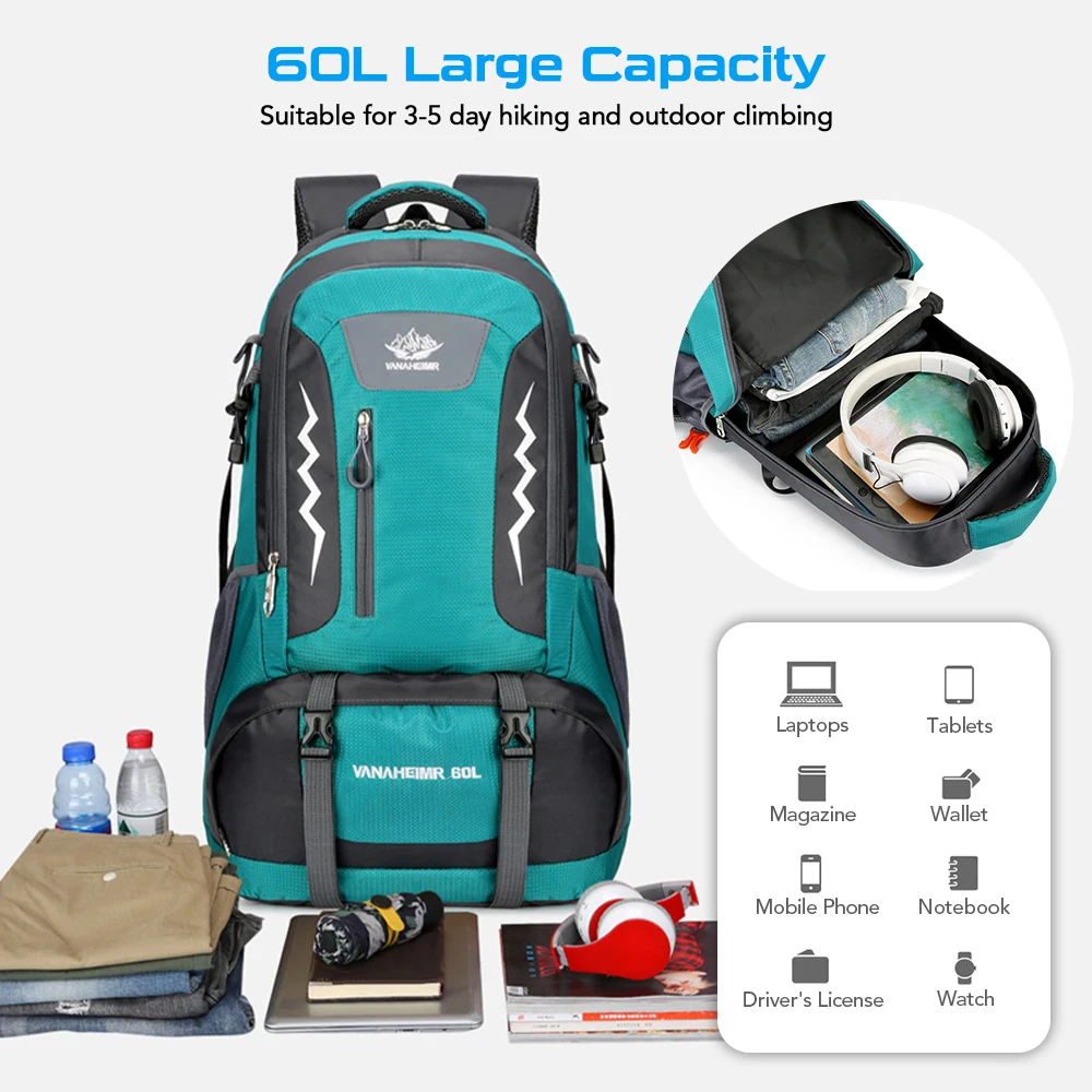 Mochila de senderismo para hombre y mujer, morral resistente al agua de 60L, ideal para deportes al aire libre, viajes y montañismo