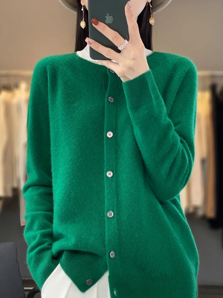 Cárdigans de lana merina de 100% para mujer, prendas de punto de manga larga con cuello redondo para otoño e invierno, ropa básica para mujer, Tops