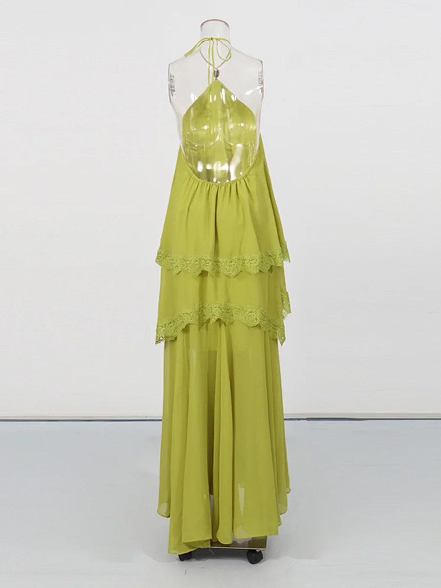 TWOTWINSTYLE Vestido Holgado con Encaje y Parches para Mujer, Cuello Halter, Sin Mangas, con Volantes y Pliegues, Elegante, Nuevo