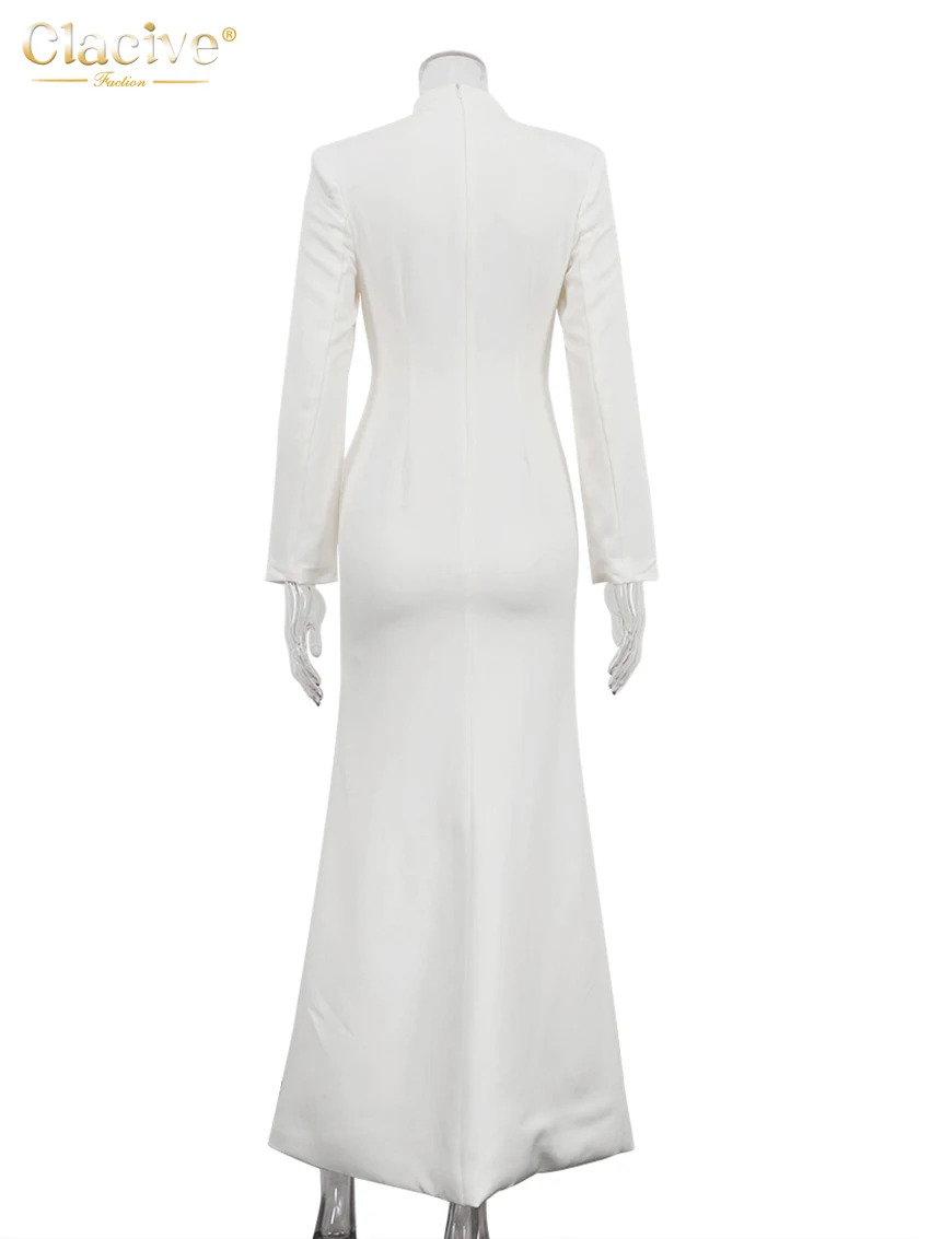 Clacive-vestido blanco ajustado para mujer, moda 2021, cuello en V, manga larga, hasta el tobillo, elegante, clásico, con abertura, para mujer