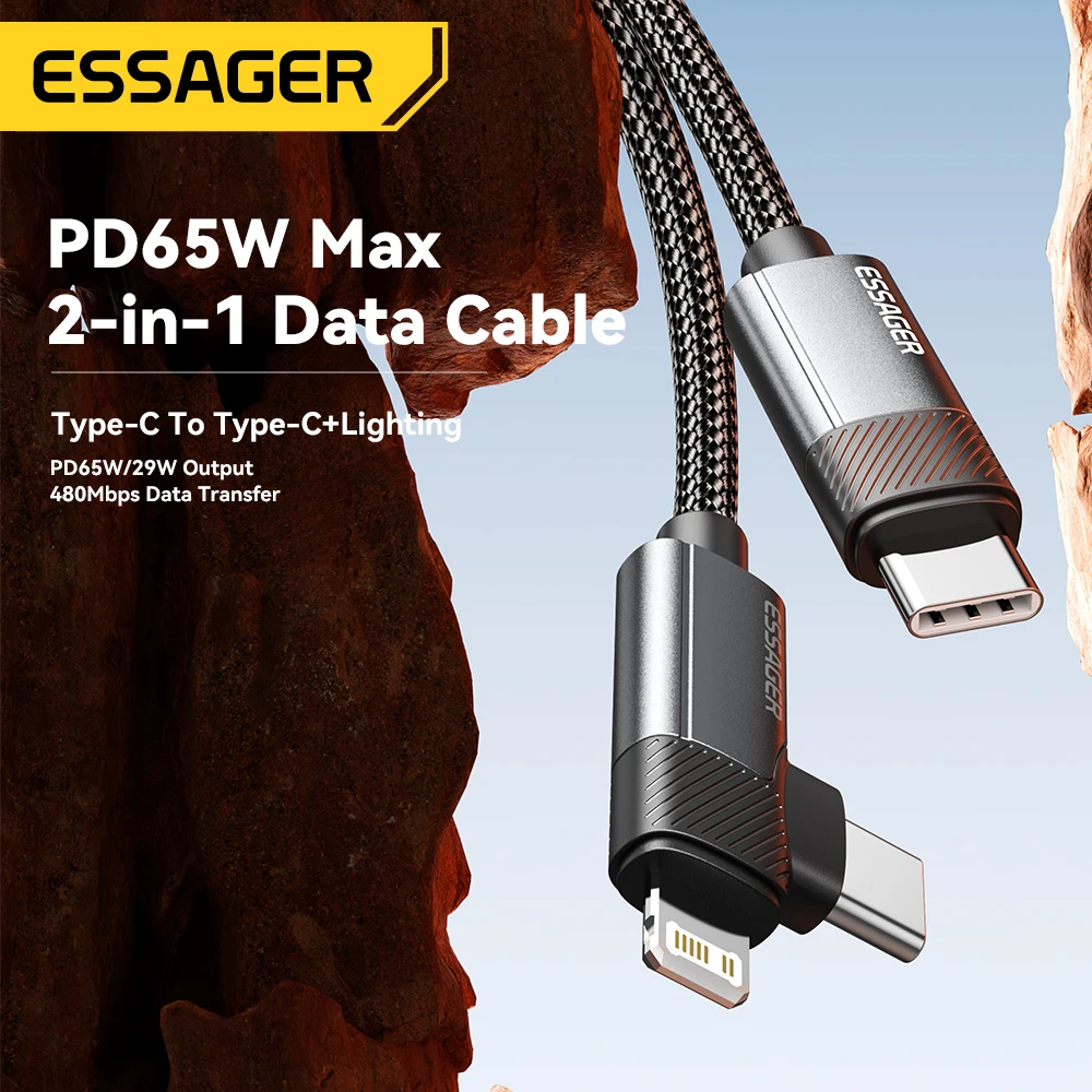 Essager Cable de ángulo recto 2 en 1 PD 65W 29W Cable de datos de codo de carga rápida para iPhone 15 14 13 MacBook Lenovo Asus Dell iPad Pro