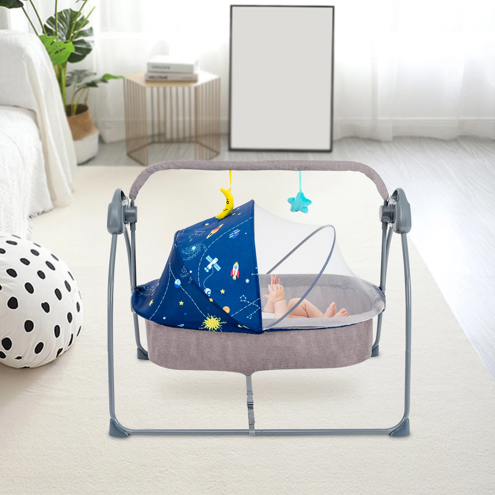 Cuna Mecedora Plegable para Bebé con Música y Temporizador, Cuna Eléctrica de 5 Velocidades con Función de Balanceo Automático, Cama Mecedora Portátil para Bebés de 0 a 18 Meses
