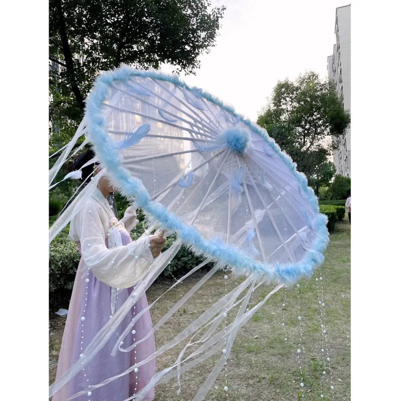 Paraguas LED chino japonés de hilo de papel engrasado, tela de seda, disfraz, paraguas de princesa antigua, paraguas artesanal blanco para Drama, Cosplay