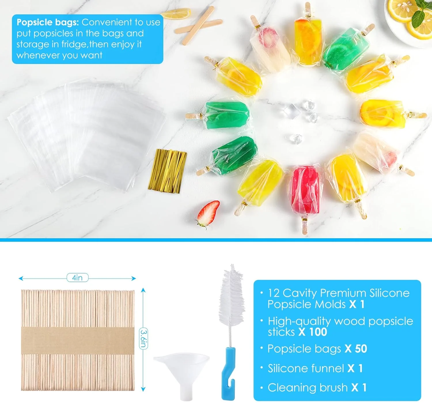 Moldes para paletas de silicona sin BPA, 12 piezas, bandejas para paletas para congelador, moldes para paletas de helado caseros