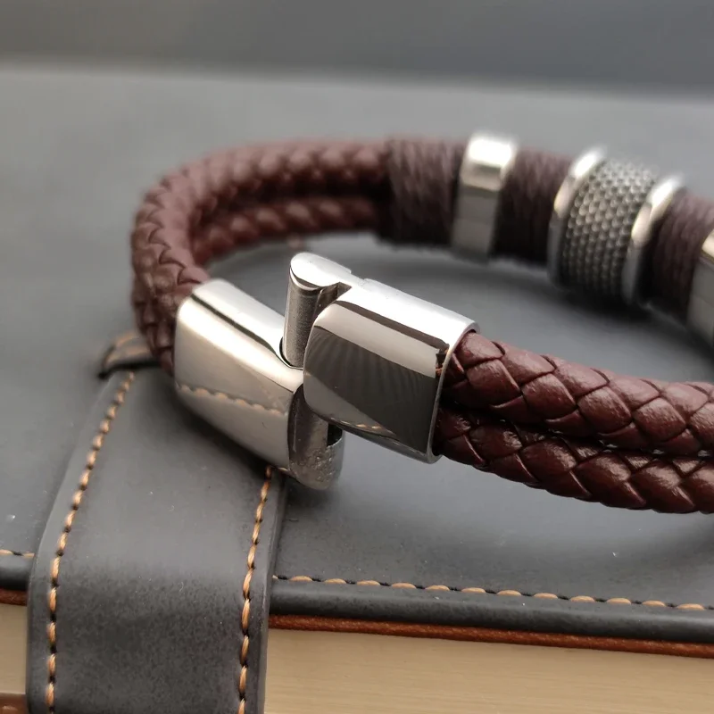 Pulsera de lujo Vintage multicapa de cuero marrón de acero inoxidable para hombre, pulsera de cuentas, joyería, brazalete de muñeca para hombre, regalos de navidad