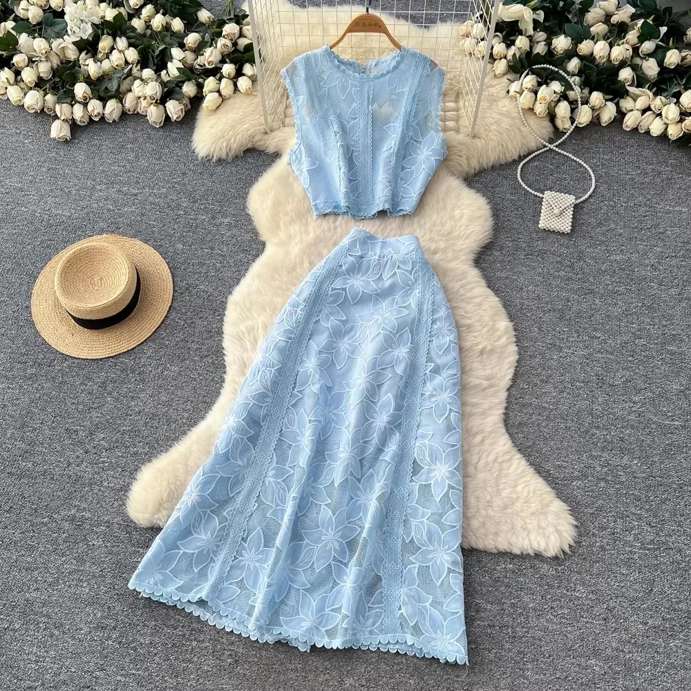 Conjuntos de dos piezas bordados para mujer, elegantes, con aberturas, de ganchillo, top corto sexy, faldas midi de línea A, trajes de 2 piezas, vestidos largos de encaje