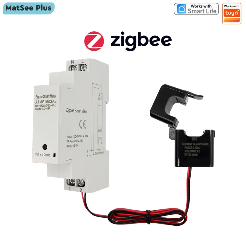 Medidor de Energía Inteligente ZigBee con Transformador de Corriente de 63A, Monitorización por Aplicación, Estadísticas de Electricidad, AC100-240V, Compatible con Tuya