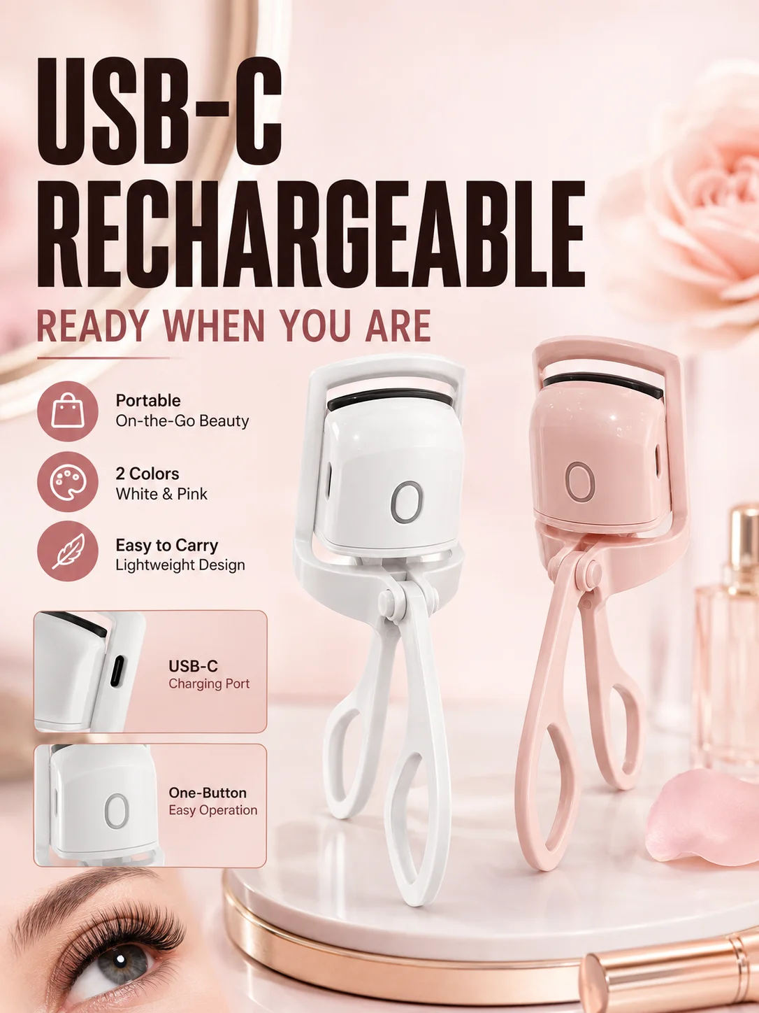 Rizador de Pestañas Eléctrico con Calefacción, Recargable por USB-C, 2 Ajustes de Calor, Rizado Natural Duradero para Pestañas Rectas y Rebeldes
