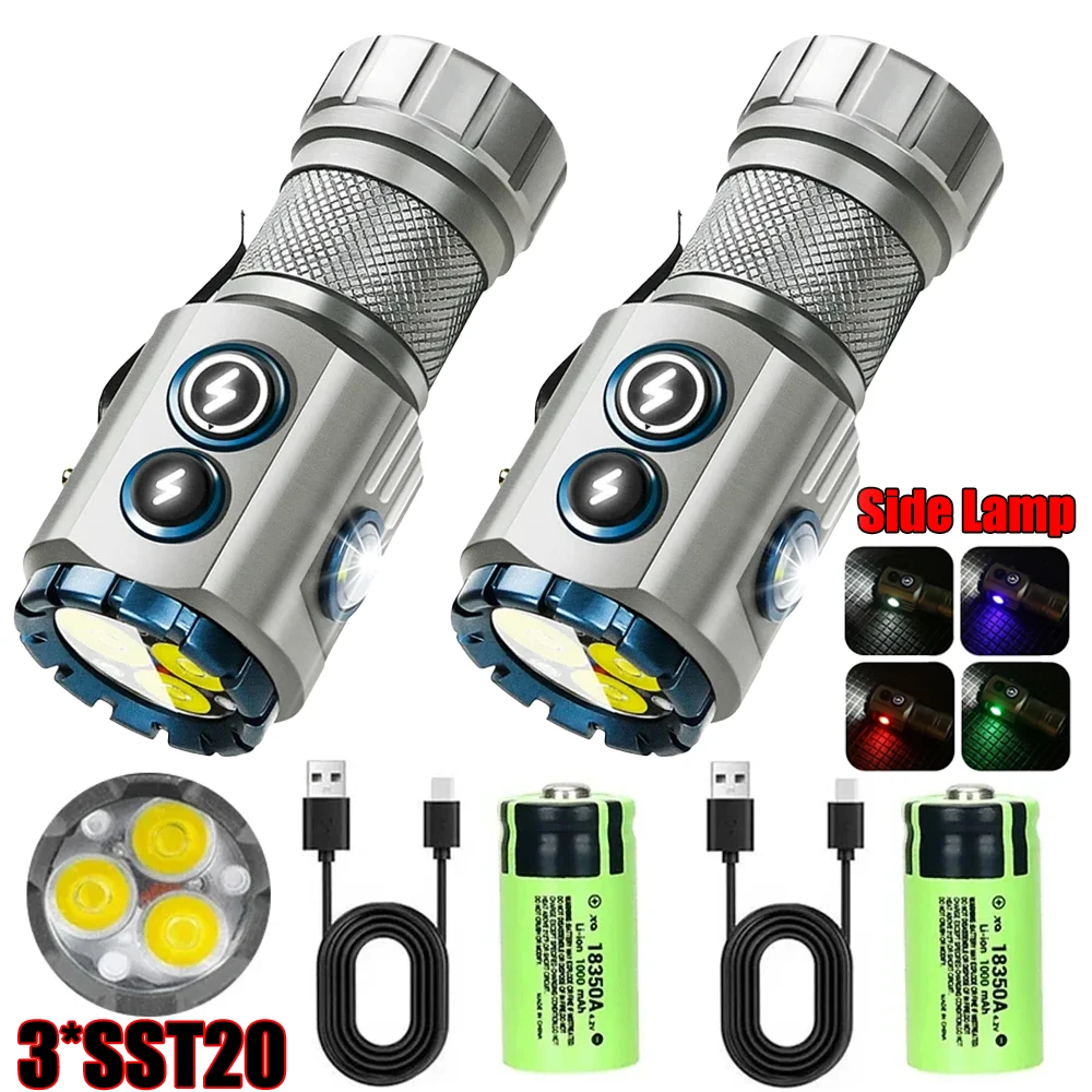 Potente linterna EDC de 2000LM tipo c, linterna LED portátil recargable, lámpara lateral RGB con imán trasero para acampar y hacer senderismo