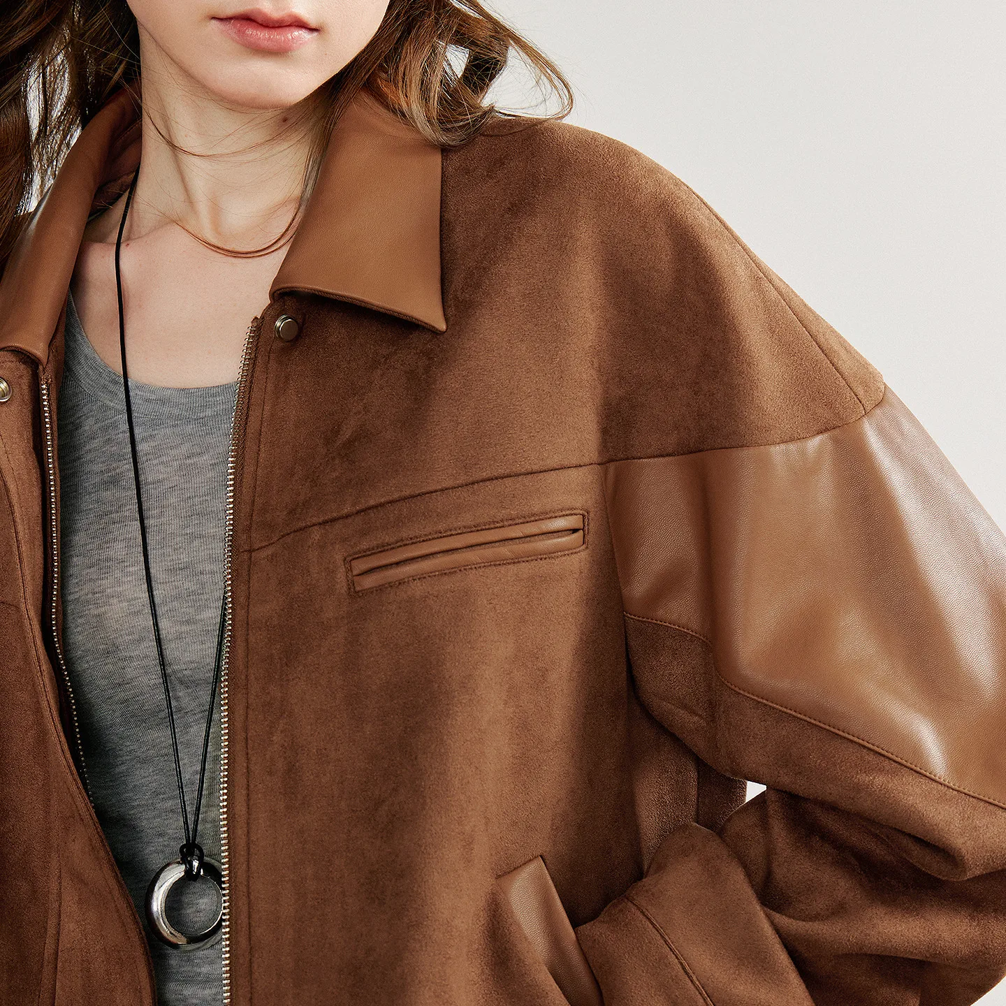 TOYOUTH chaqueta de cuero para mujer 2025 otoño nuevo estilo Nomadic Retro gamuza PU cuero empalme chaqueta abrigo