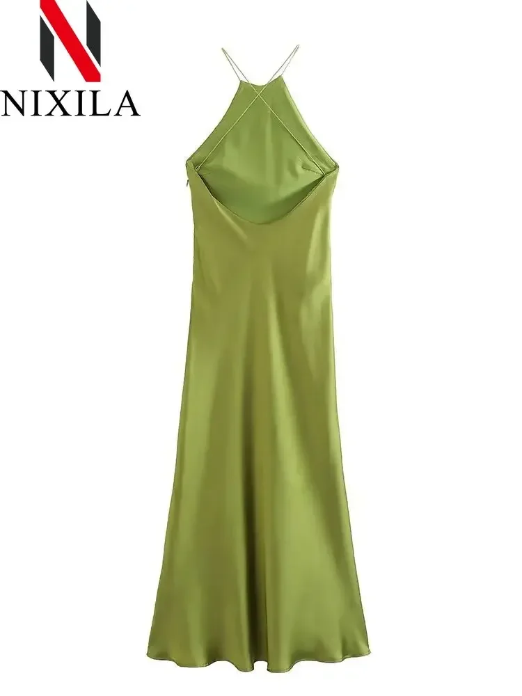 Primavera Verano mujer sin mangas Maxi vestido satén sensación estilo americano europeo Sexy banquete vestido de noche ropa