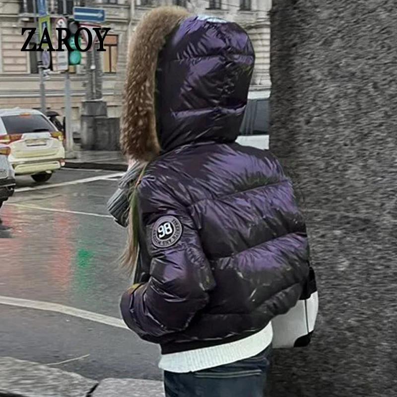 ZAROY Chaqueta acolchada de algodón con capucha de piel sintética para mujer, abrigo de invierno con bolsillos con cremallera, parkas acolchadas retro Y2K, ropa de abrigo de estilo urbano