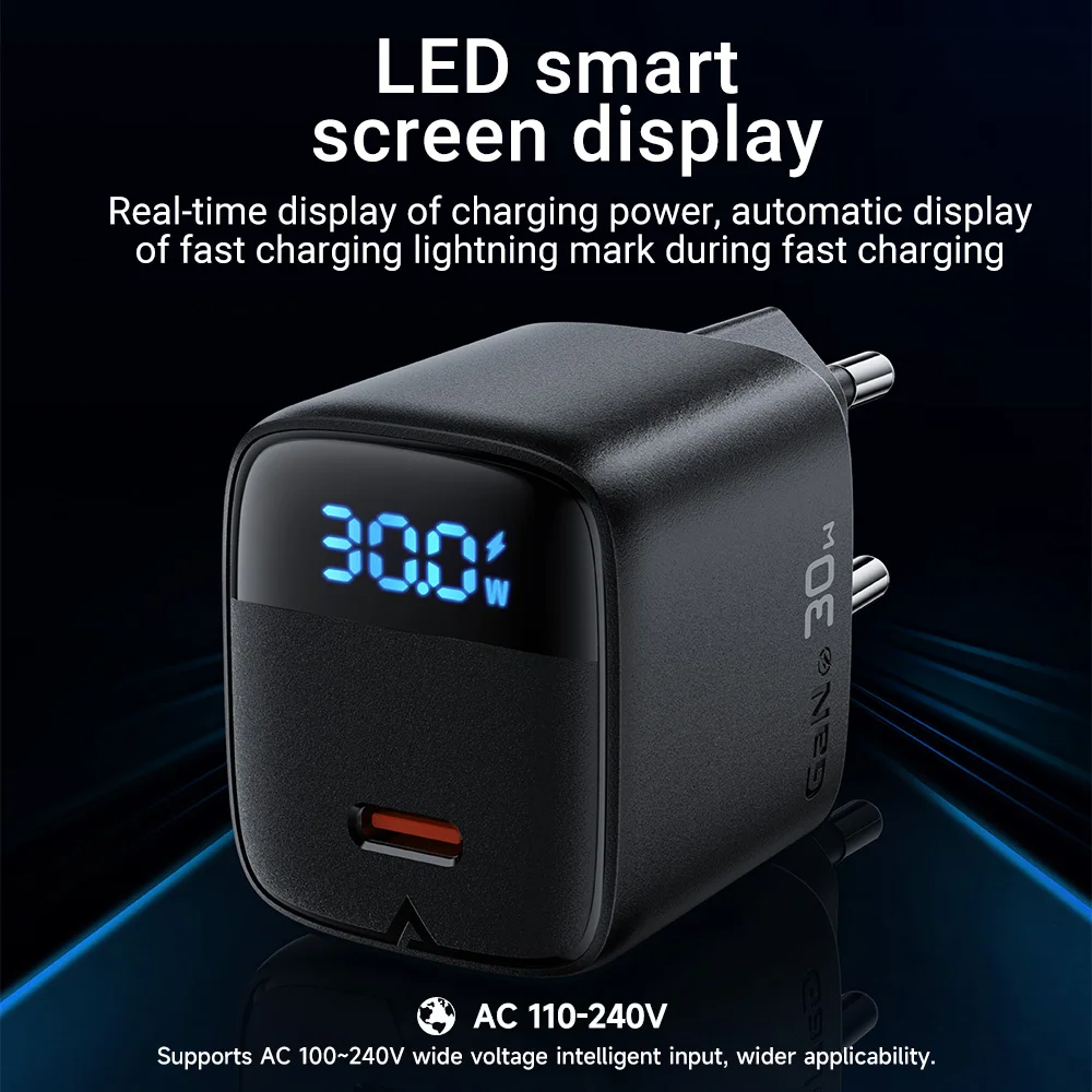 ACEFAST GaN PD30W cargador de carga rápida para teléfono UE para iPhone 16/15 Pro Max USB C adaptador de pantalla Digital LED de pared para Samsung S25
