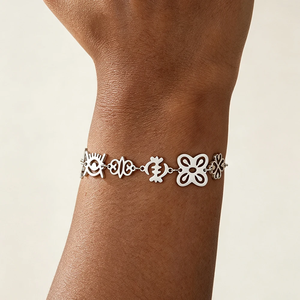 Pulsera con Símbolo Adinkra Africano, Amuleto de Protección Espiritual Étnico de Ghana, Cadena Ajustable de Acero Inoxidable, Regalos de Joyería