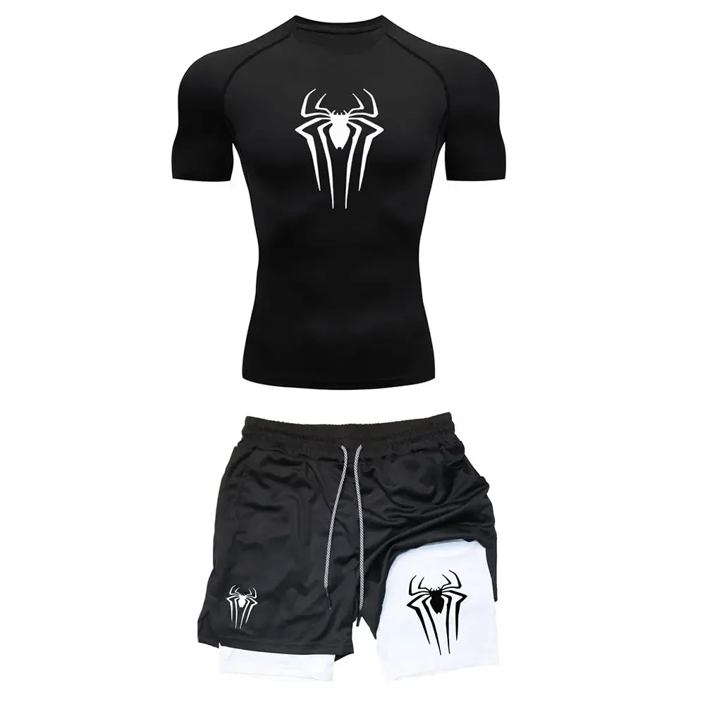 Conjunto de compresión de entrenamiento para hombre, camisetas con estampado de araña Y2K, pantalones cortos transpirables para correr, secado rápido, ropa deportiva