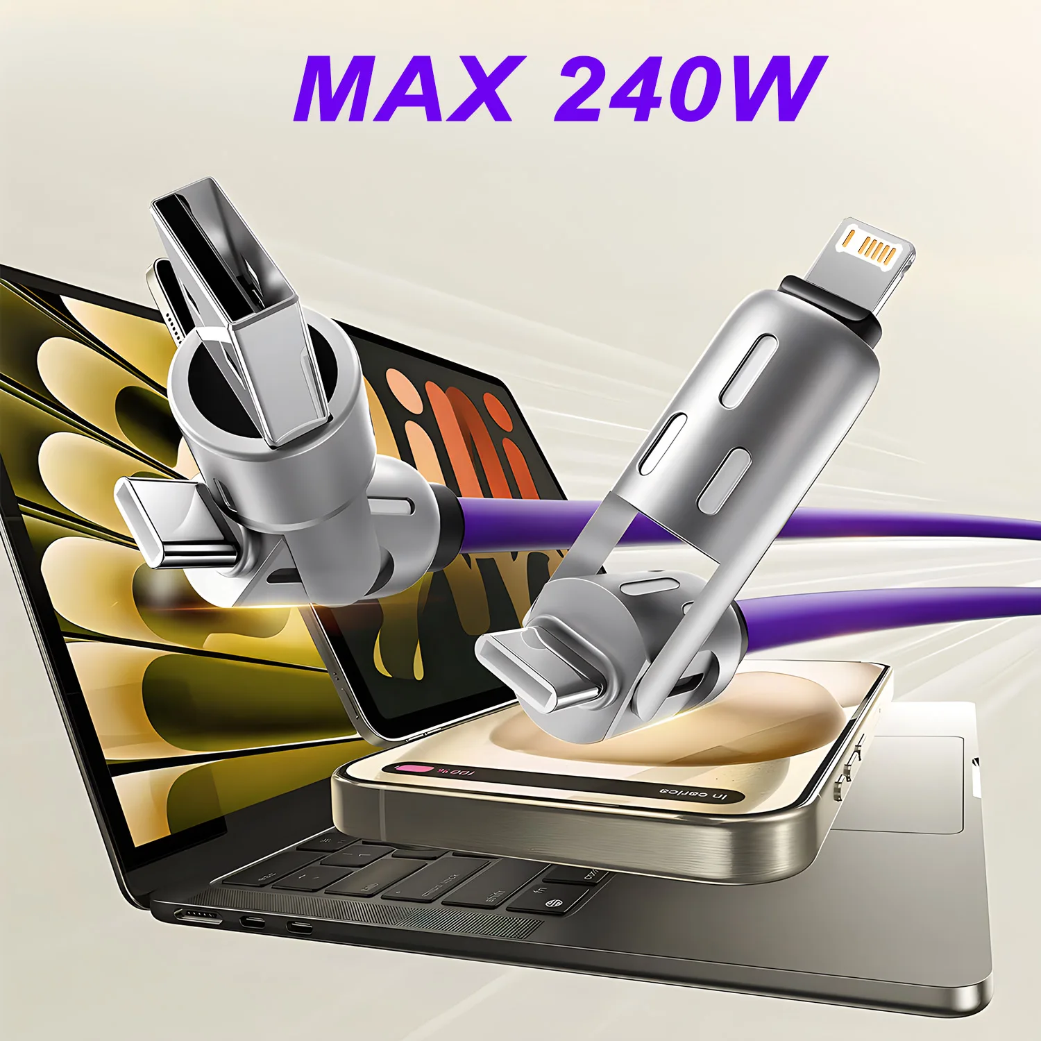Cable 4 en 1 de 240W USB tipo C a USB C Cable de cargador rápido PD para iPhone 16 Pro Max 15 iPad Xiaomi Samsung Tablet Cable de datos de 1M