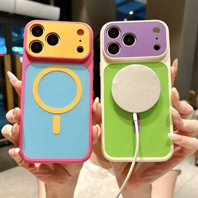 Funda Magnética de Lujo con Bloques de Color para iPhone 18 17 Pro Max 16 15 14 Plus 13 Pro 14 15 16 17, Compatible con Magsafe
