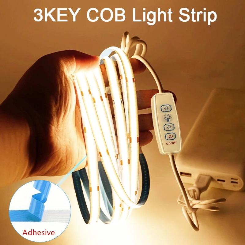 Tira de luces Led COB USB de 5V con atenuador de 3 teclas, cinta de diodo Flexible, blanco cálido para habitación, TV, espejo, retroiluminación, luz de gabinete