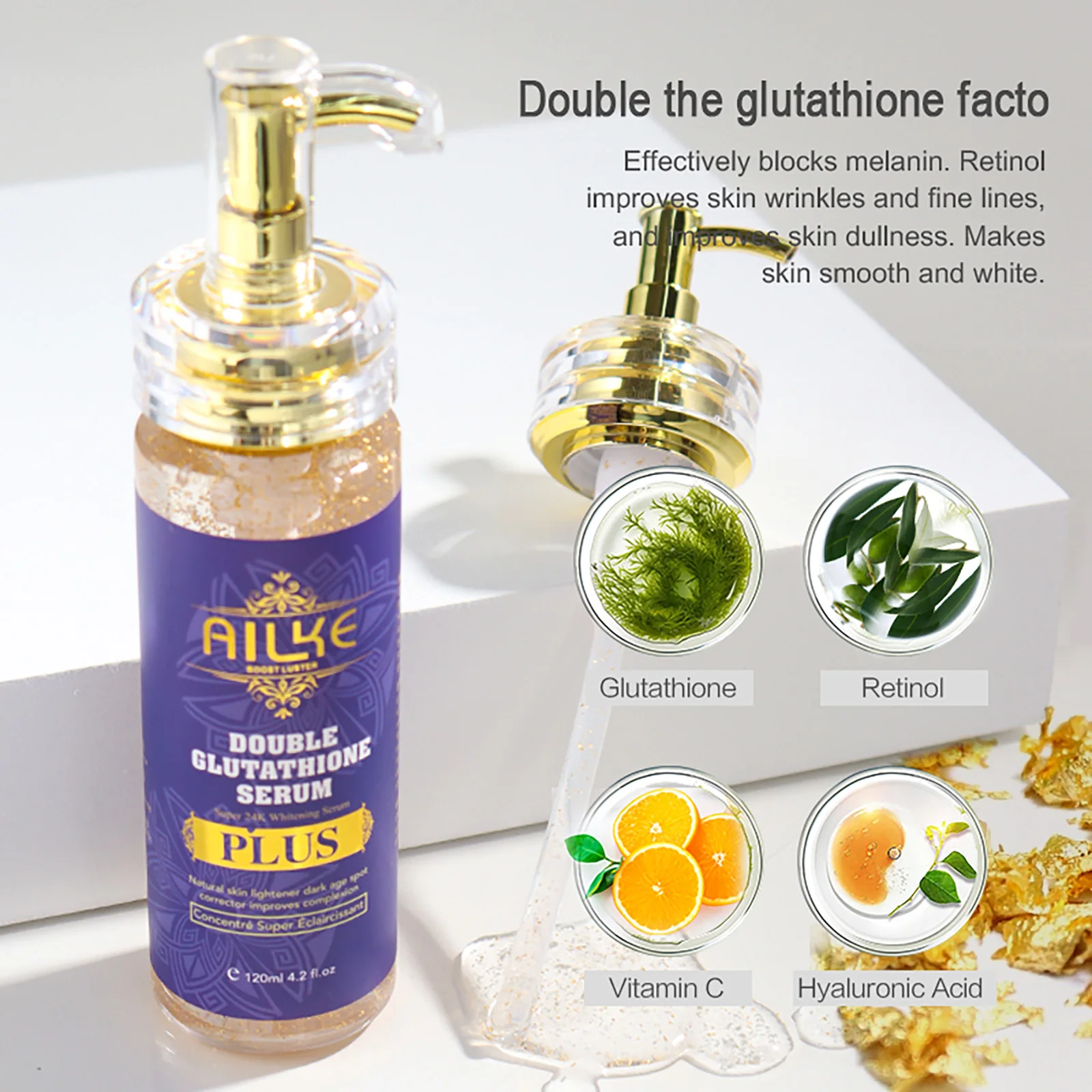 Loción Blanqueadora AILKE, Suero Aclarante para Rostro y Cuerpo, con Doble Glutatión para Piel Opaca y Manchas Oscuras, Unifica el Tono de Piel