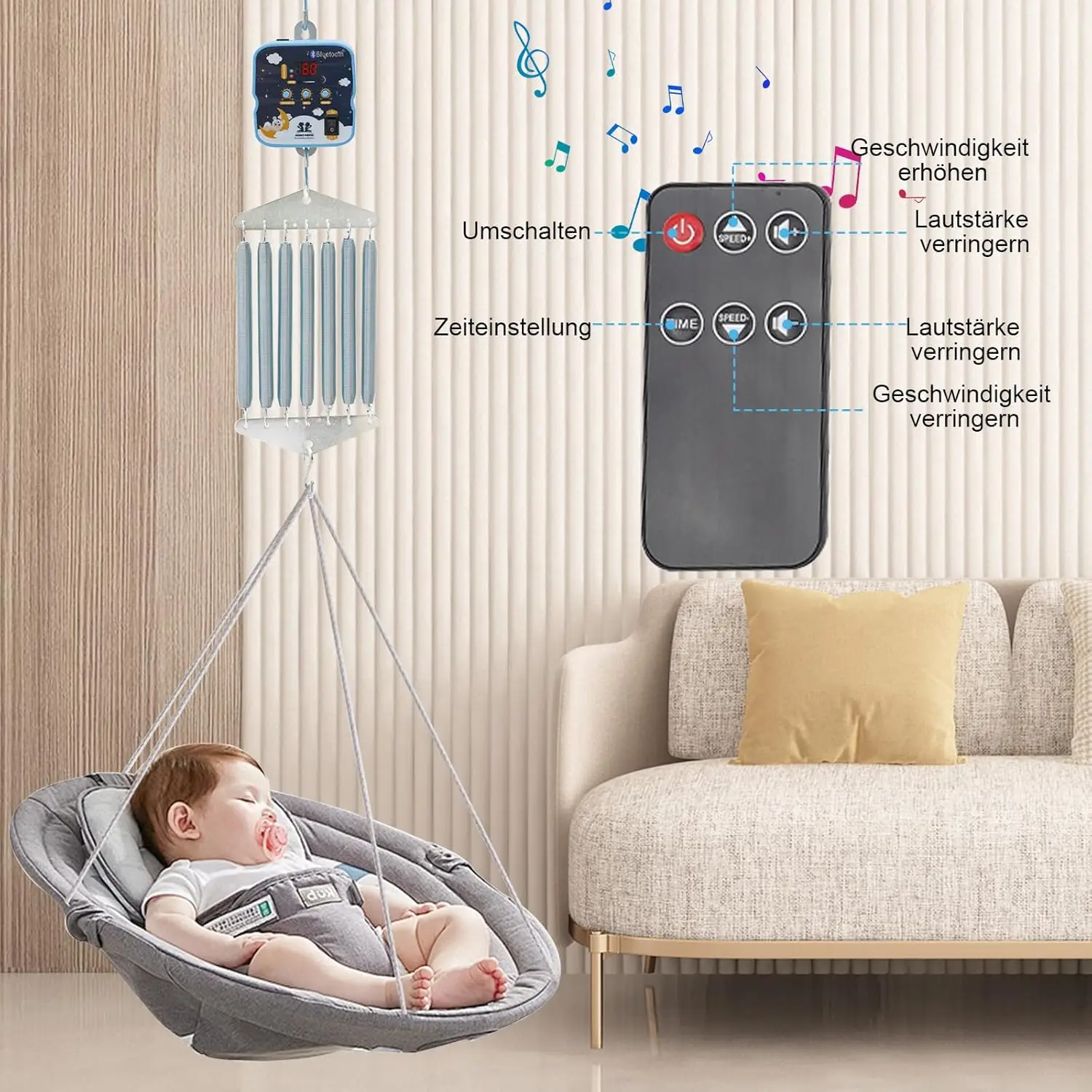 Cuna de resorte eléctrica Capacidad de carga para bebé 19 kg Colgante 7 resortes Control de columpio eléctrico para bebé Hamaca para bebé 9 velocidades 6 temporizador