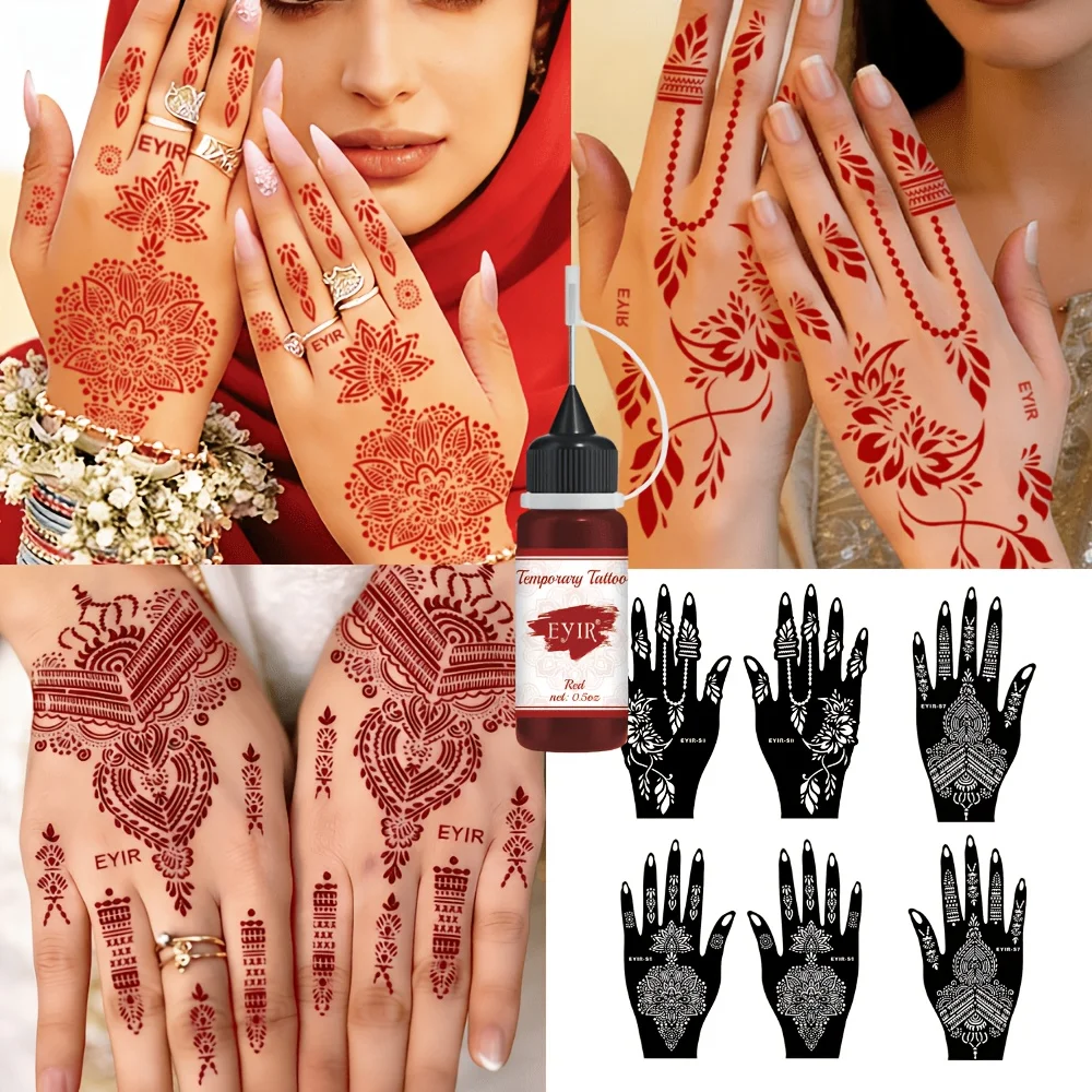 Kit de Tatuajes de Henna, 9 Colores, Pasta para Tatuajes con Plantillas, Arte Corporal Temporal, Pintura a Mano DIY, Decoración para Fiestas y Festivales