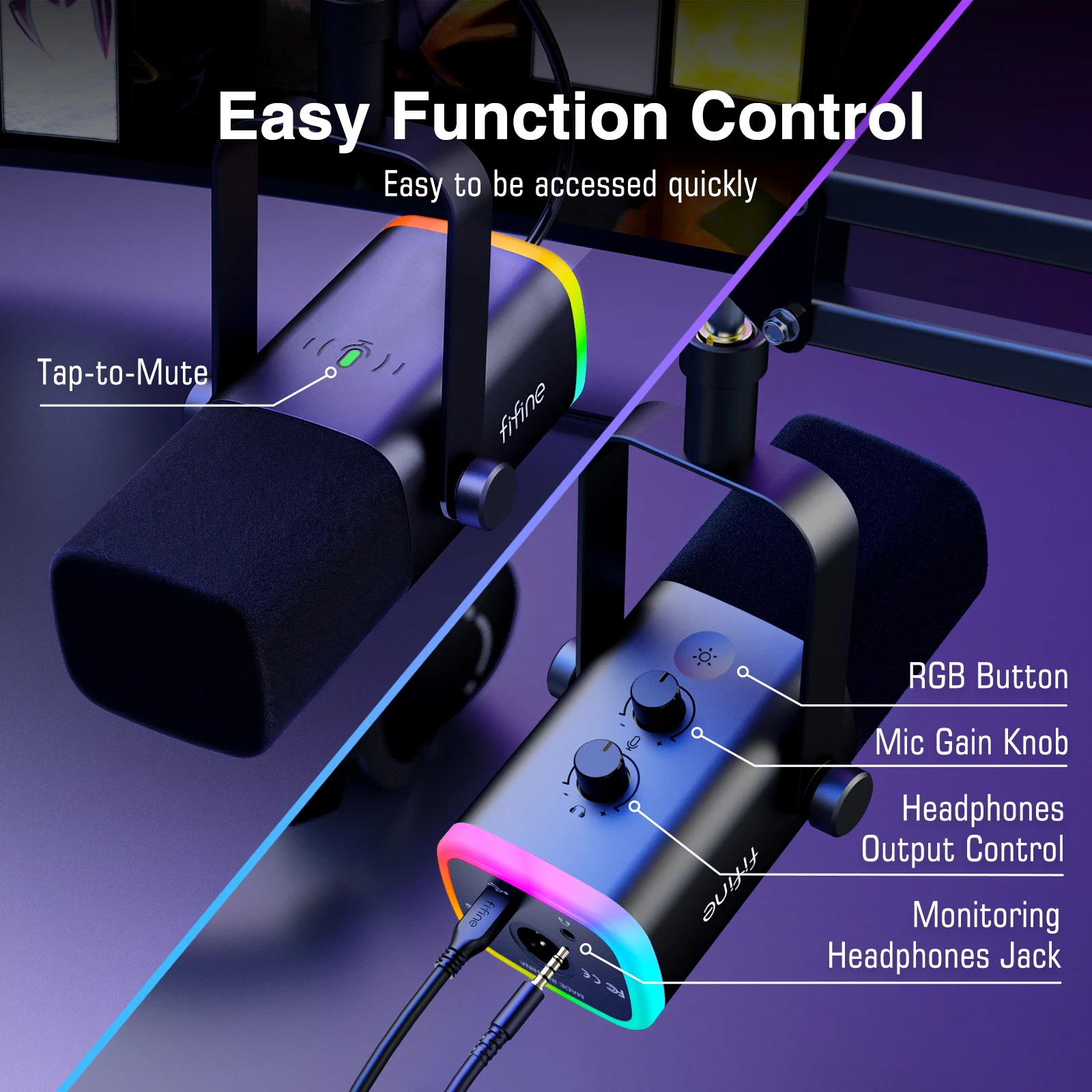 Kit de micrófono para juegos FIFINE XLR/USB con conector para auriculares/silencio/RGB/soporte de brazo, juego de micrófono dinámico para PC PS5/4 mezclador amplificador AM8T