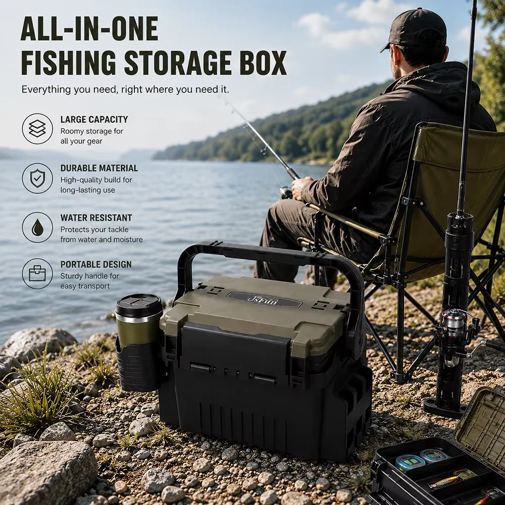 Caja de aparejos de pesca opcional de 2 tamaños y 4 colores, caja de almacenamiento de plástico duro resistente al agua y a los golpes con asa de agarre cómoda