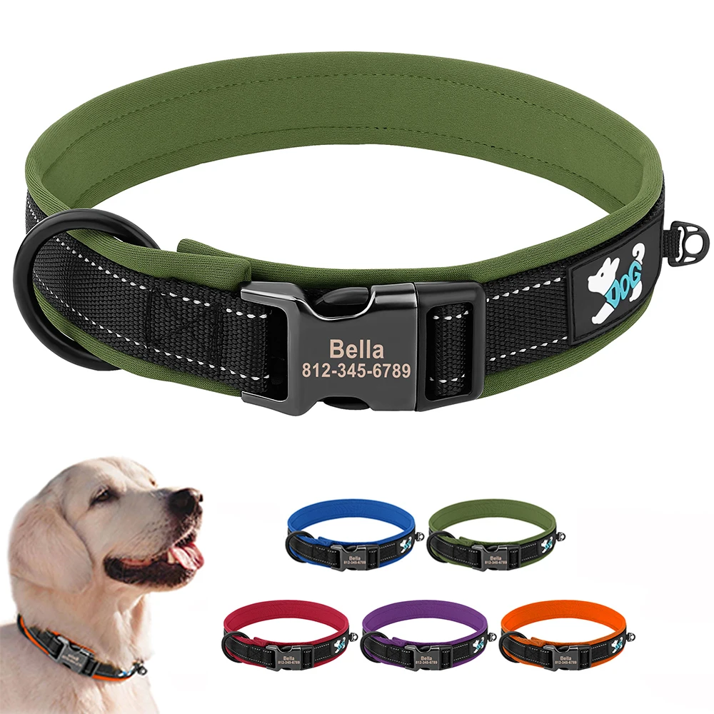 Collar reflectante con hebilla de identificación personalizada para perros pequeños, medianos y grandes, con grabado gratis, acolchado suave, ajustable