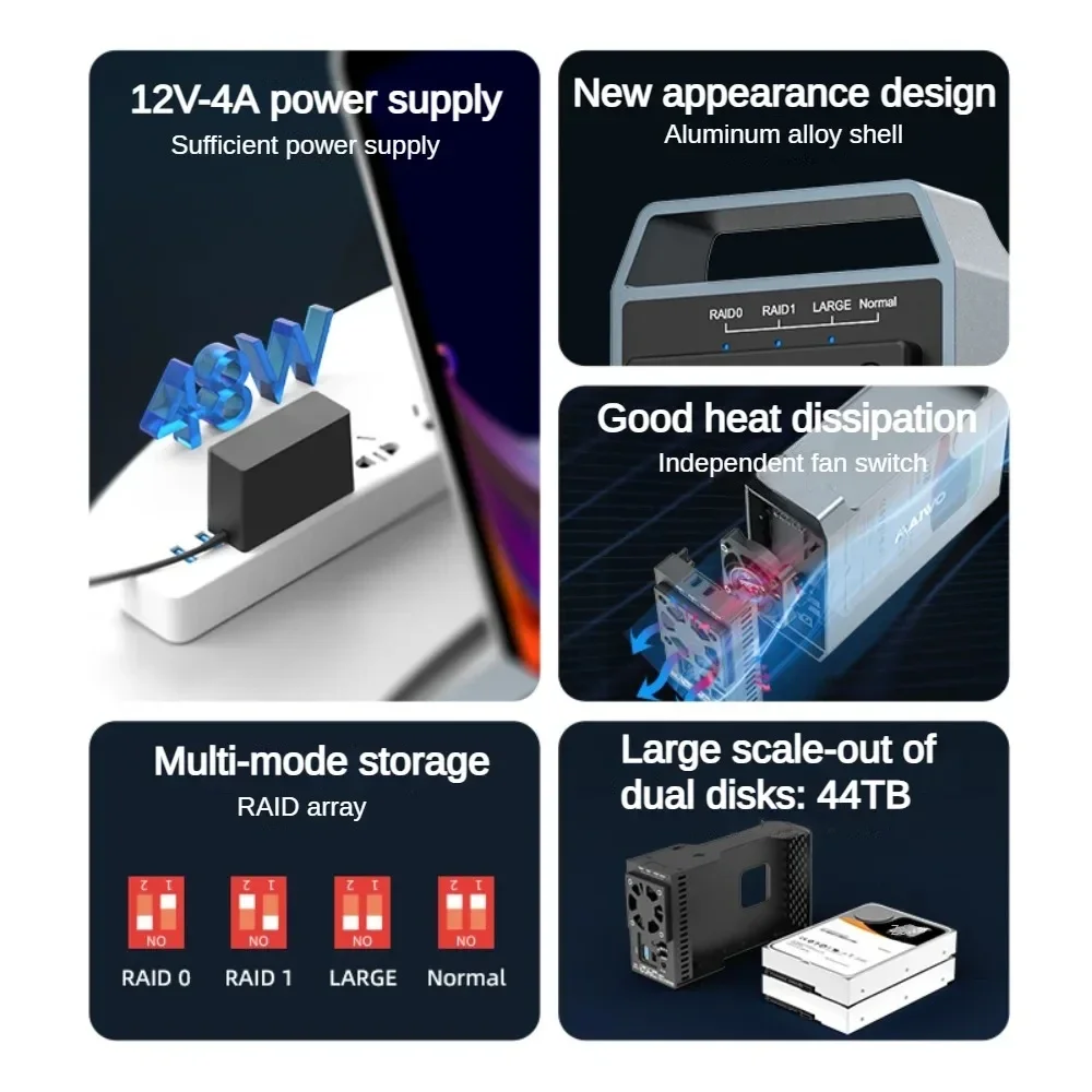 MAIWO-carcasa de disco duro externo de doble bahía de 3,5 pulgadas, gabinete de matriz, matriz de disco duro SATA con 4 funciones RAID para HDD de 3,5 pulgadas