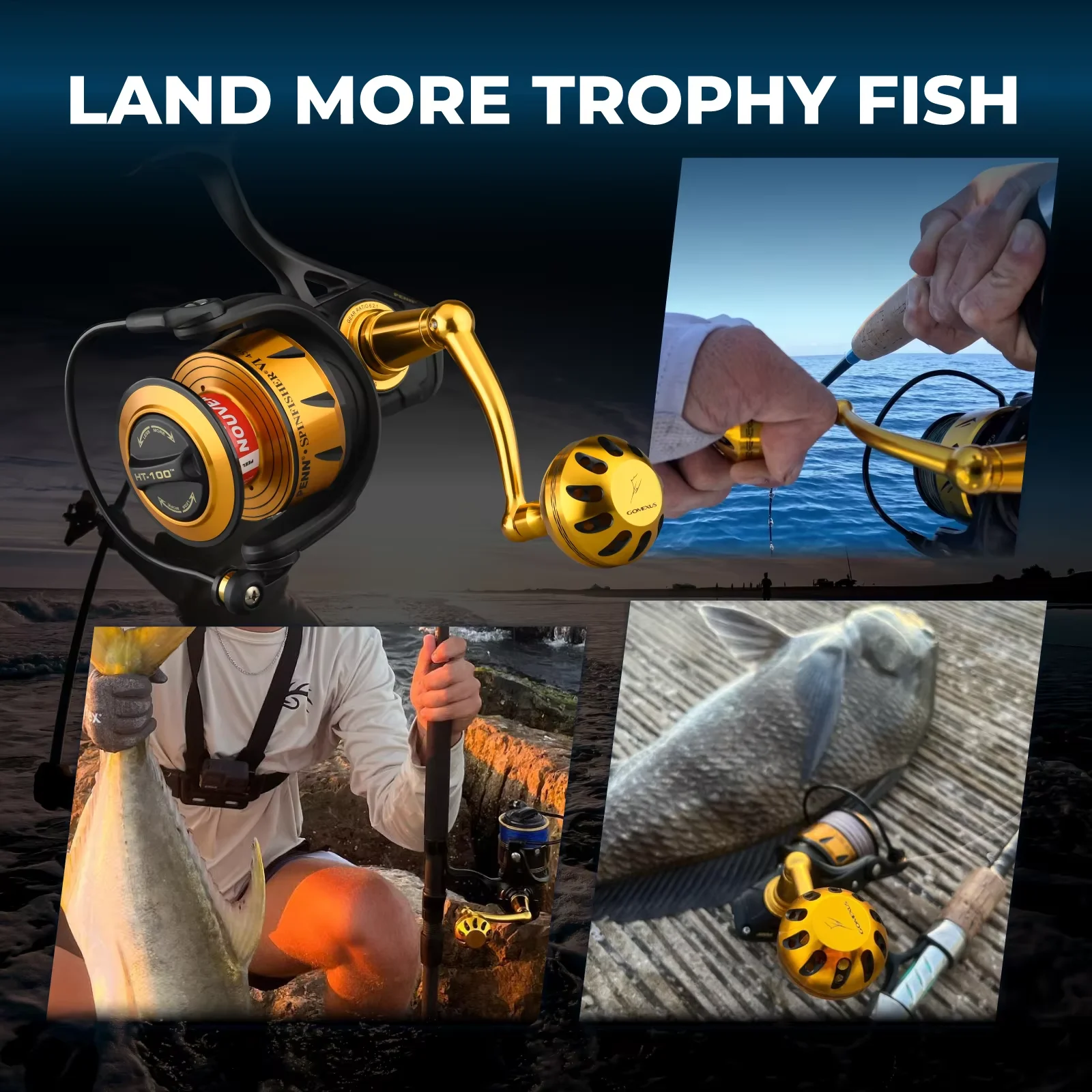 Carrete de Pesca Giratorio Gomexus Penn Handle Spinfisher Battle Slammer Fierce Conflict Pursuit 65-98mm