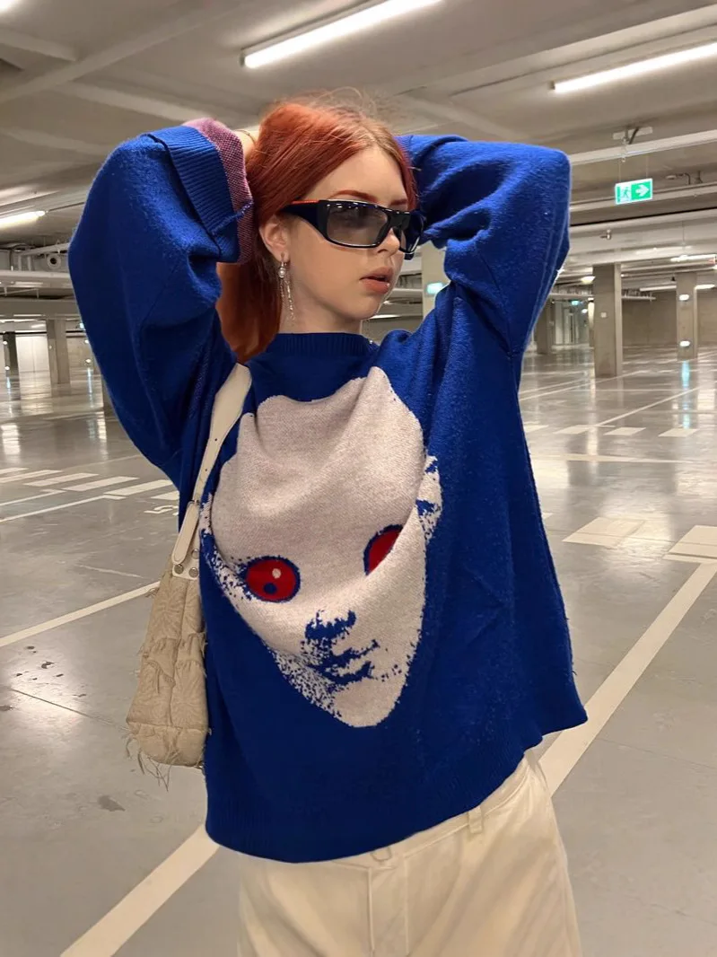 Suéter Y2K para mujer, ropa de calle con gráfico de invierno, Jersey Vintage, Jersey de punto alto, Tops góticos de manga larga de gran tamaño, ropa