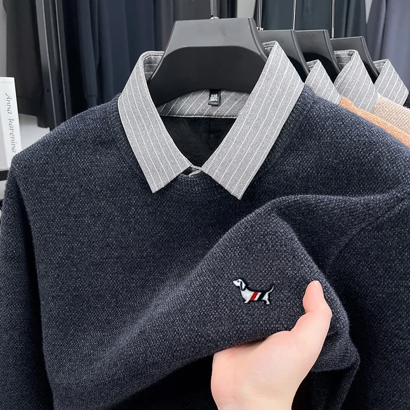 Prendas de punto de manga larga con capucha de bloqueo de Color para hombre de marca de diseñador, ropa de viaje a la moda con estampado de perro cálido y grueso para invierno