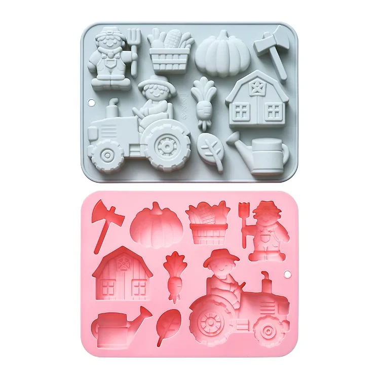 Molde de silicona para modelado de tema de granja de 9 agujeros, herramienta para hornear, molde para pastel, cubo de hielo, molde de Chocolate epoxi, accesorios para hornear