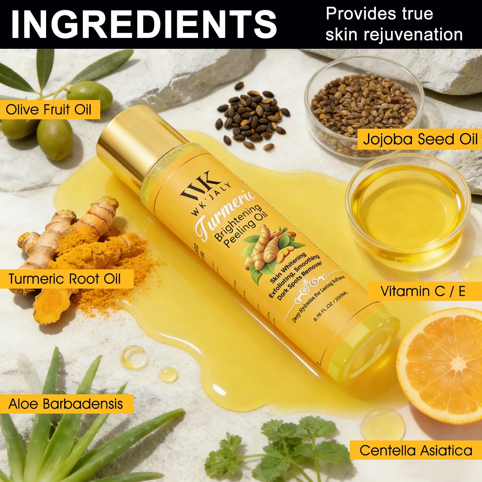 WK JALY Aceite Exfoliante Amarillo Para Todo Tipo de Piel, Con Cúrcuma Natural, Aclarante, Mejora la Piel Áspera, Limpia, Suaviza, 200ml