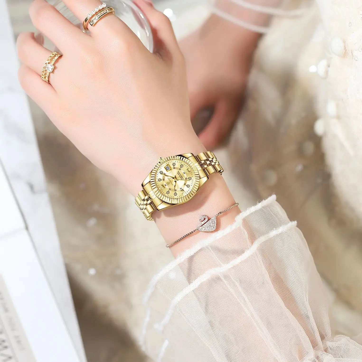 Reloj de pulsera POEDAGAR a la moda para mujer, resistente al agua, con fecha luminosa, relojes elegantes para mujer, Reloj de cuarzo de acero inoxidable para mujer