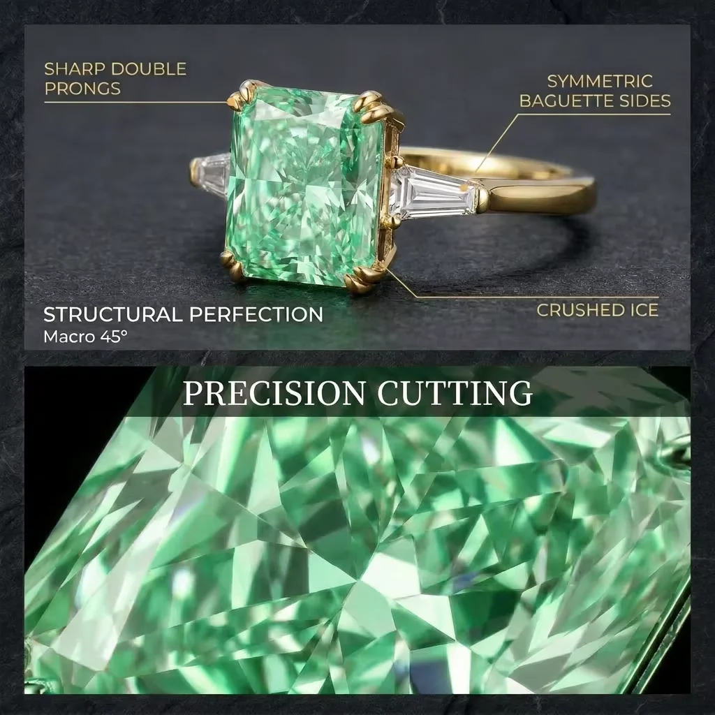 Anillo de Boda Bocarman, Plata S925, Rectangular, Verde Menta, Zirconia Corte Hielo, Elegante Regalo de Aniversario para Ella