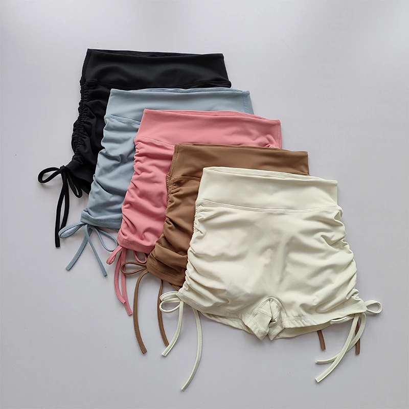 Pantalones cortos deportivos sexis de cintura alta con correas con cordón, pantalones de tres piezas para correr de secado rápido, pantalones deportivos para glúteos color melocotón para mujer