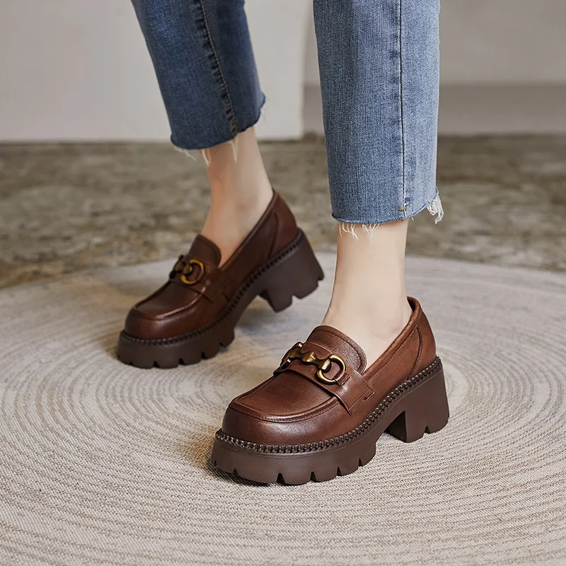 DRKANOL, mocasines de tacón grueso para mujer, zapatos de tacón sin cordones, nuevo diseño de primavera y otoño, zapatos de plataforma de tacón alto con punta redonda de cuero genuino de Metal