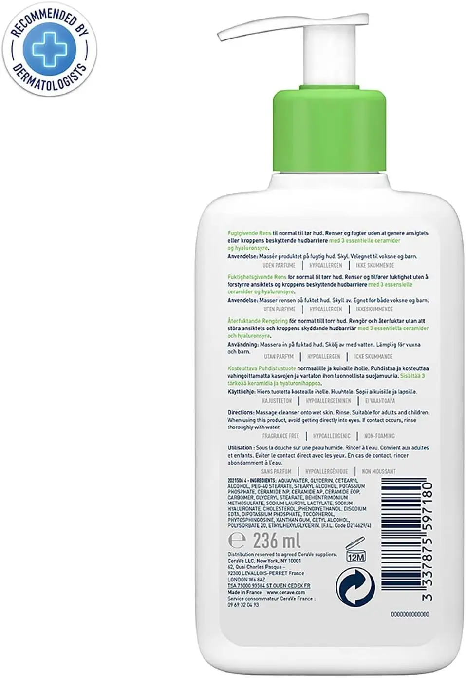 Limpiador Hidratante CeraVe 236ml, Lavado Suave Multiusos para Rostro y Cuerpo con Piel Normal a Seca, Sin Fragancia