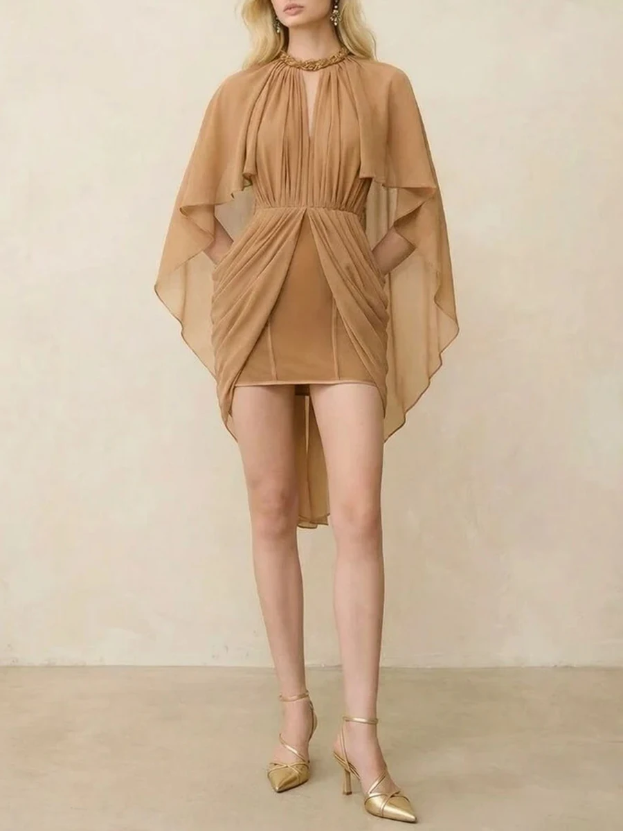 TWOTWINSTYLE Vestido Mini de Moda para Mujer con Diseño Hueco, Cuello Redondo, Manga Capa, Cintura Alta y Efecto Adelgazante, Color Liso, Moda Femenina 2026