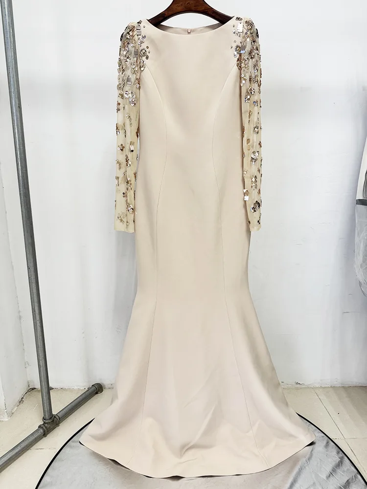 HIGH STREET Última Moda 2026 Vestido de Fiesta de Diseñador para Mujer, Vestido Largo Maxi de Manga Larga con Malla Empalmada y Diamantes con Cuentas