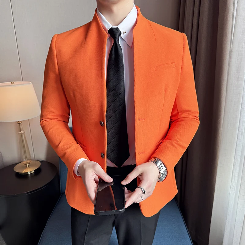 Waffle nuevo traje chino con cuello levantado abrigos hombres Slim Fit negocios Casual trajes de moda chaqueta Formal Social fiesta de graduación esmoquin